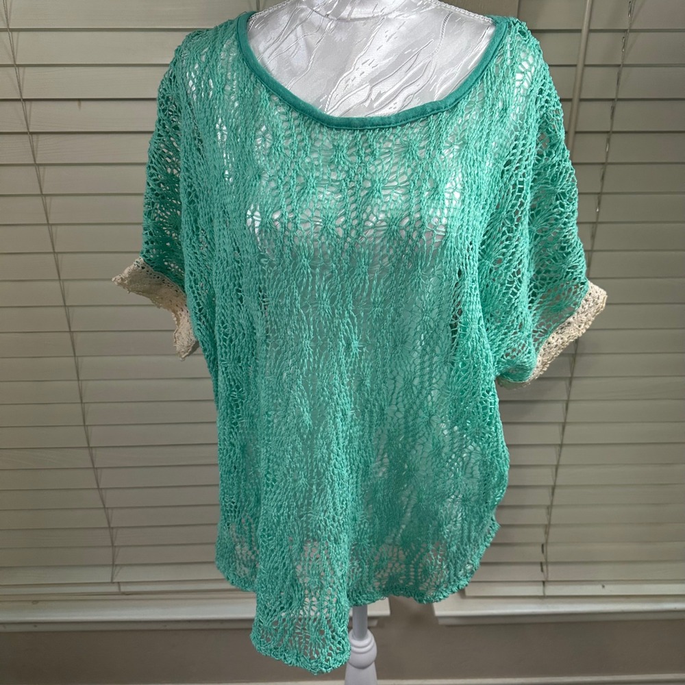 L&B Crochet Knit Top Womens 2XL Teal Boho Short Sleeve Lace Coastal Shabby Chic